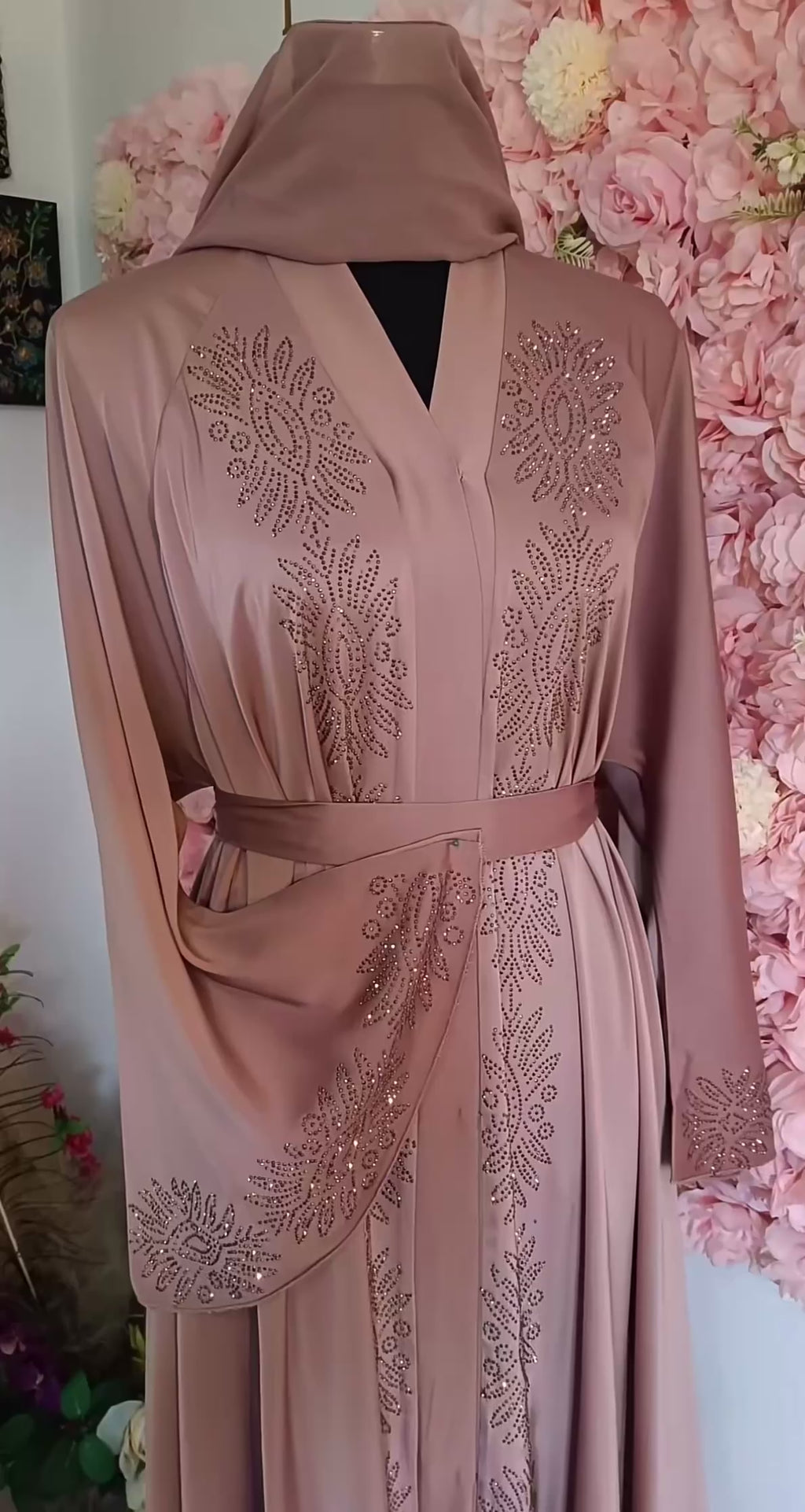 Royal Crystal Medallion Open Abaya with Belt & Matching Hijab | JABIHNOOR