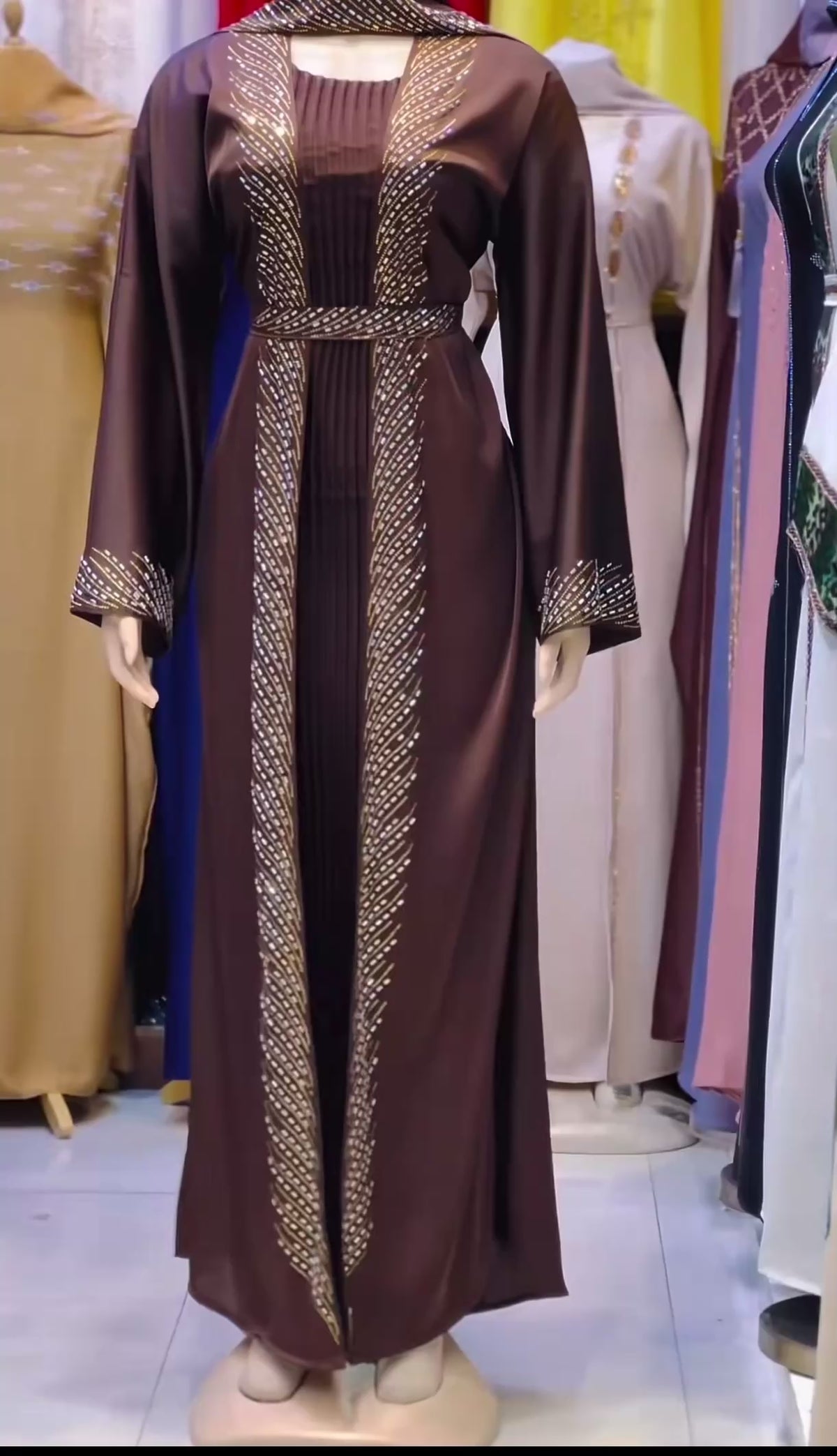 JABIHNOOR Luxury Chocolate Brown Crystal Feather Embellished Open Abaya Set with Matching Inner Dress, Belt & Hijab – Elegant Dubai Style Wedding, Eid and Occasion Wear