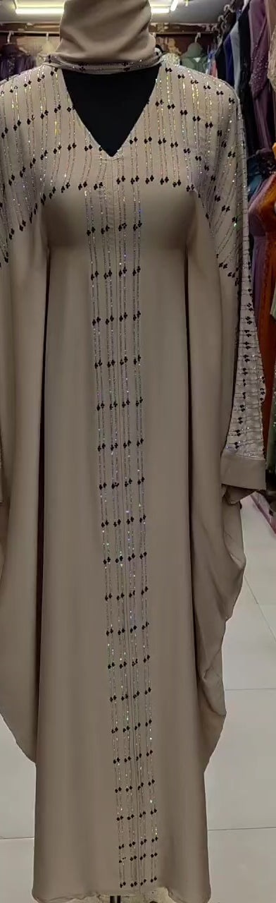 JABIHNOOR Luxury Blush Beige Crystal-Striped Butterfly Kaftan Abaya with Black Floral Beading – Elegant Dubai Style Eid, Wedding and Special Occasion Dress