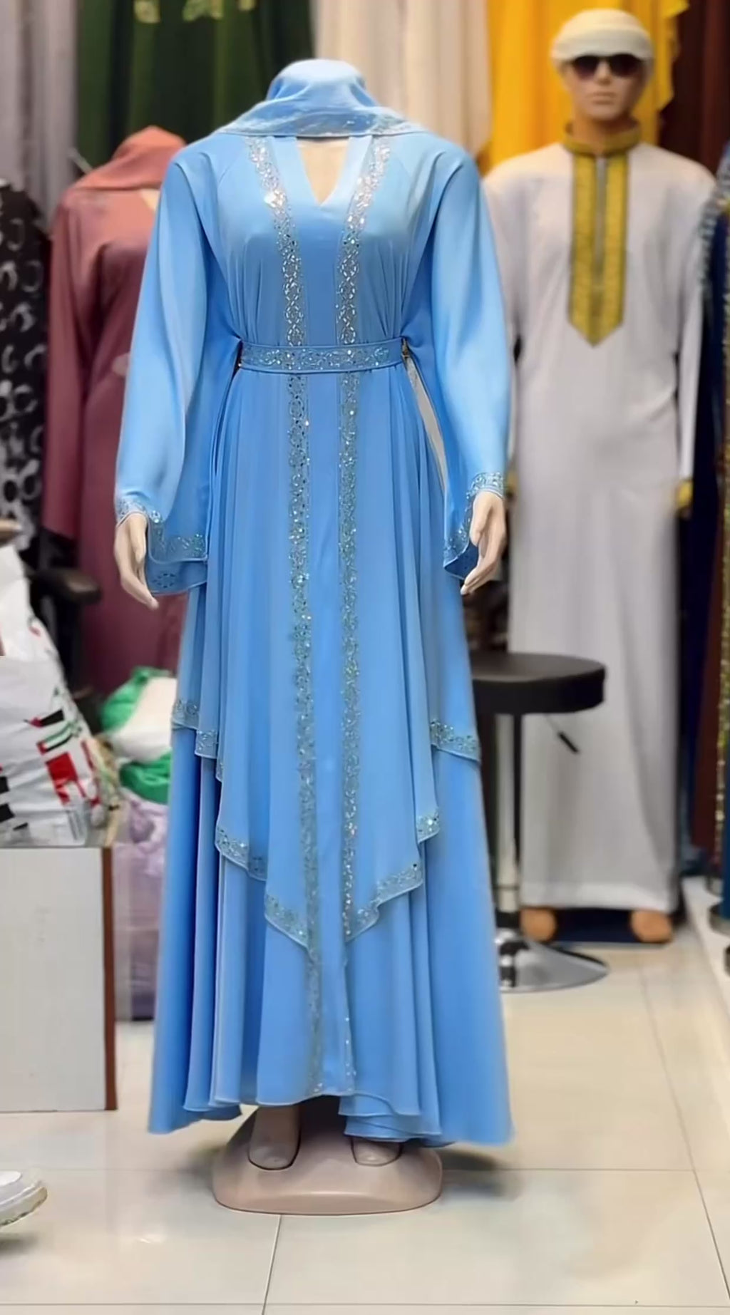 JABIHNOOR Luxury Sky Blue Layered Crystal Embellished Abaya Dress with Matching Belt & Hijab – Elegant Wedding, Eid and Special Occasion Wear
