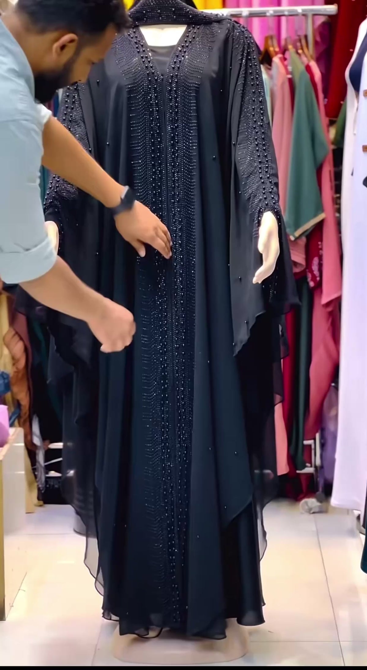 JABIHNOOR Luxury Black Crystal-Beaded Butterfly Open Abaya with Flowing Cape Sleeves – Elegant Dubai Style Wedding, Eid and Evening Occasion Wear